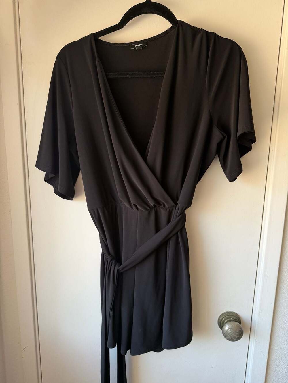 Express Black Short Sleeve Surplice Wrap Romper with Tie Waist